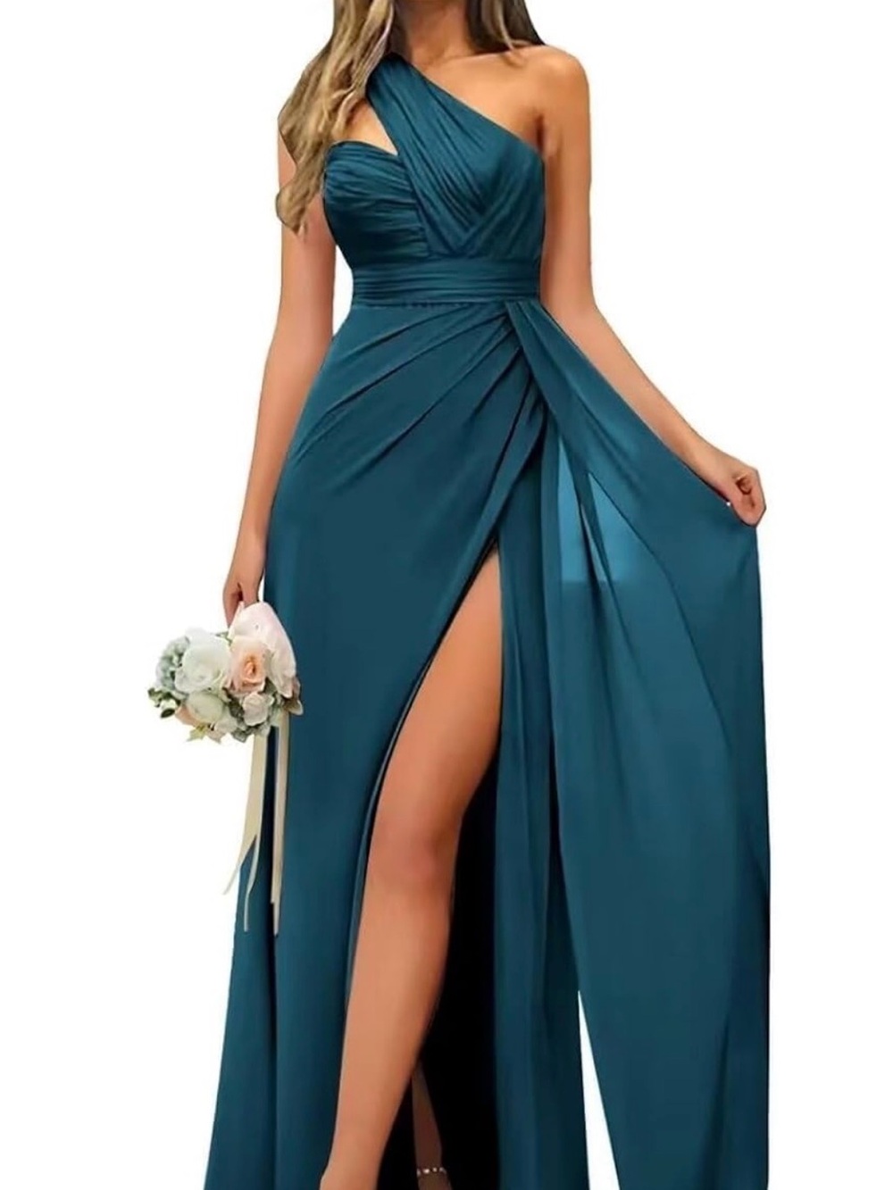 Ruth very flattering One-Shoulder Teal Evening Gown with Draped Bodice - Picture 3 of 3
